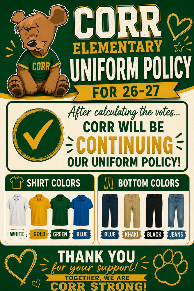 Corr Elementary policy for 26-27 it shows the new colors for tops and bottoms