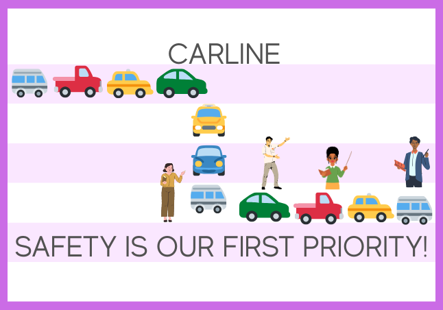 line of cars facing to the right, forward, and right again, teachers directing traffic