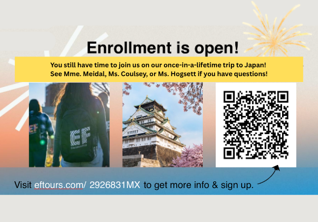 3 students wearing green string backpacks with EF printed in large white letter, facing away from the camera, into the sun, looking at a tall, red building; large pagoda, pink and white cherry blossoms, blue sky with white clouds; QR Code