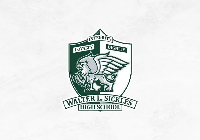White and gray marble background with green and white Sickles High School logo in center