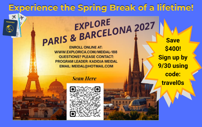 bright blue background, yellow title, passport in front of 2 plane tickets; Sun setting behind the Eiffle Tower, Sagrada Familia building on the right side of the picture; QR code in the bottom, center of the picture; yellow starburst with savings code on the right of the picture