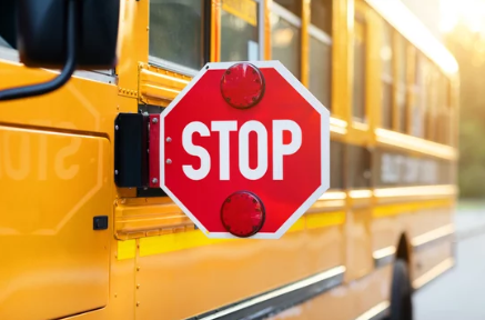 Yellow school bus with stop out for unloading and loading