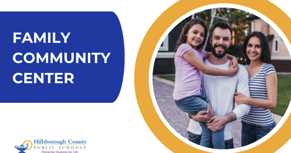 yellow circle on right with image of  a family of 3 in it 