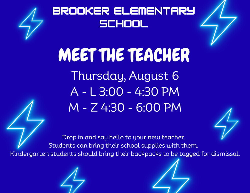 Meet the teacher event information on a blue background with lightning bolts