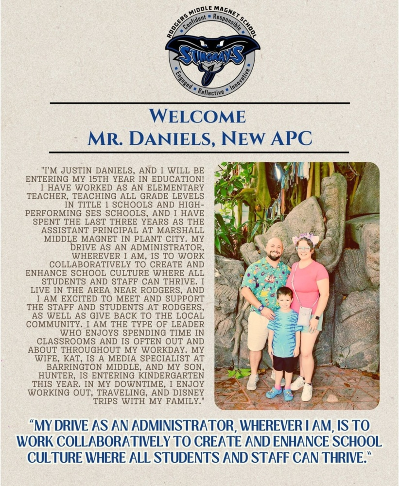 Photo of Justin Daniels, New APC. Photo features his family and there is a paragraph about his educational experience. 