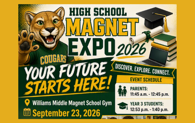 gold background; cartoon cougar waving at viewer; graduation hat; diploma wrapped with green ribbon; stack of green and yellow books; open laptop; family icon; graduation hat icon; calendar icon; "you are here" icon