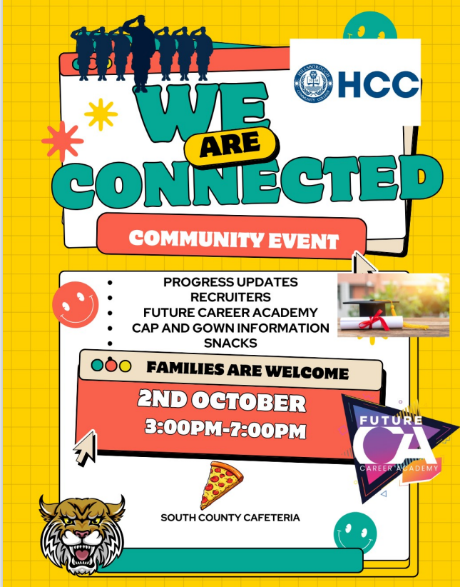 Text for We Are Connected Night with military, bobcat, HCC, graduation cap, pizza, & bobcat