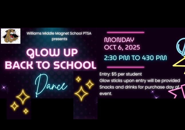 black background; neon pink, blue, and yellow words; white words; roaring cougar mascot; hand holding a microphone