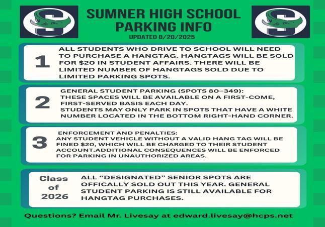 Here’s what you need to know about securing your parking spot for the 2025-2026 school year: 1️⃣ Microsoft Form available July 30th – Link will be shared via Senior Class Canvas page and on the school website. 2️⃣ Pay your $20 parking decal fee on MyPaymentsPlus starting July 30th. 3️⃣ Bring your license, registration, and proof of insurance to Student Affairs to pick up your decal starting July 31st, 8 AM–12 PM. 🎨 Class of 2026 – Want to paint your senior parking spot? Contact the Senior Class Council: 📧 Kimberly.Wines@hcps.net 📩 Questions? Email Mr. Livesay: Edward.Livesay@hcps.net Let’s get ready for an amazing school year, Stingrays! 💚💙