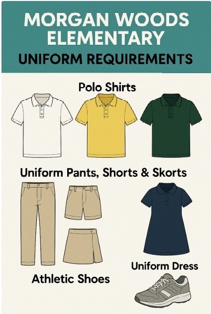 Uniform flyer with shirts in white, yellow and dark green. Khaki bottoms and athletic shoes.