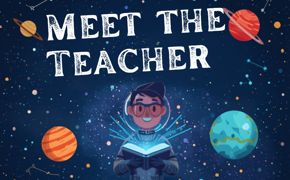 space with teacher holding book