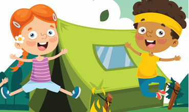 boy and girl jumping in front of a tent and a camp fire in the foreground