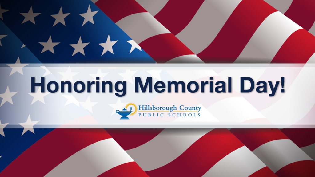 American flag in the background with a grey bar across containing text Honoring Memorial Day!