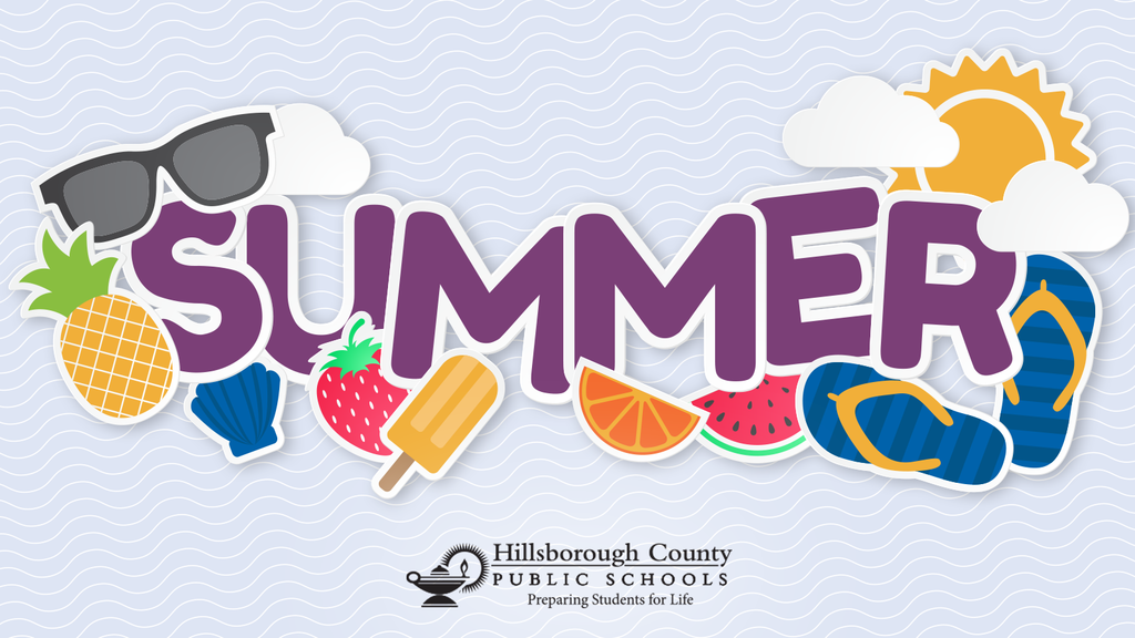 Grey background with white wav lines. The word summer in purple surrounded by clip art or sunglasses, pineapple, sun, clouds, fruit and popsicle.