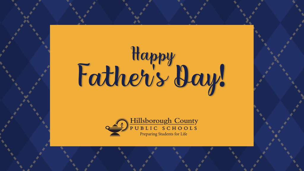 Blue argyle background with gold rectangle on top with blue text Happy Father's Day!