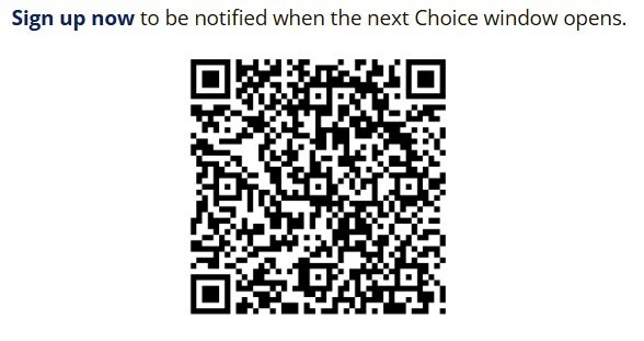 QR code to be notified of dates choice window will open.