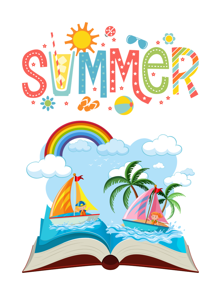 Summer graphic with book and children in sailboats