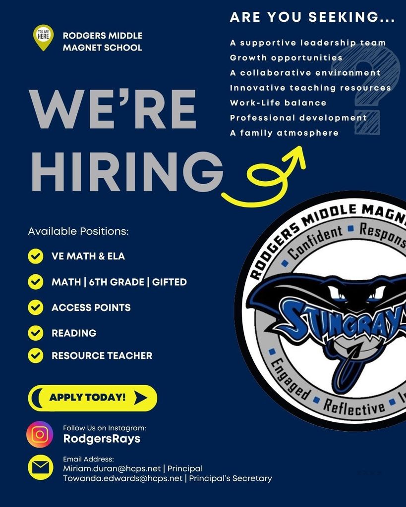 The flier shows the current job openings at the school and provides the principal’s email address.