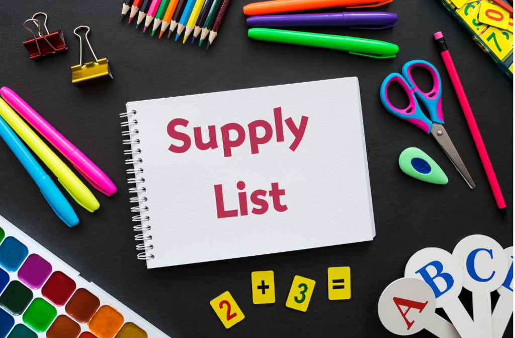School Supplies on a black chalkboard background, in middle of image, white book with words "supply list" on it, 