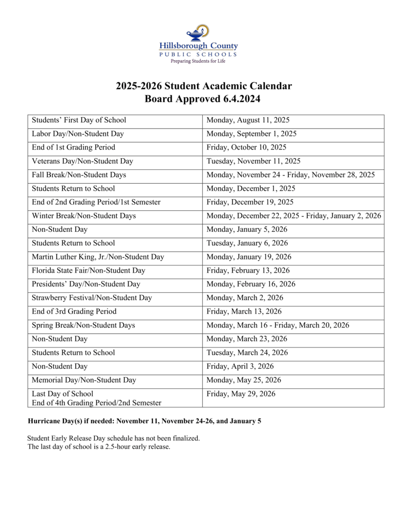 25-26 Student Academic Calendar - English