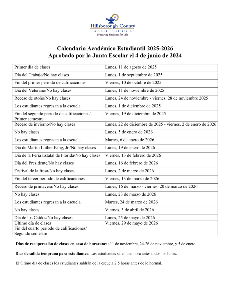 25-26 Student Academic Calendar - Spanish