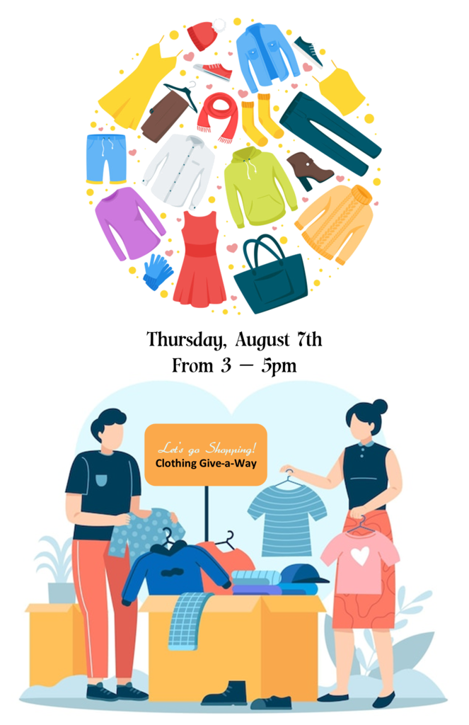 Clothing Give-a-way flyer, different clothing in a circle man and woman pulling out clothing from a box 
