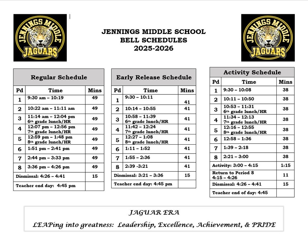 Bell Schedule for the 2025-2026 School Year