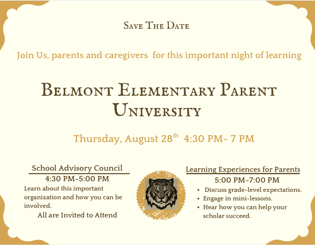 Join us on August 28th, from 4:30 PM - 7:00 PM for our 1st Parent University of the year. 