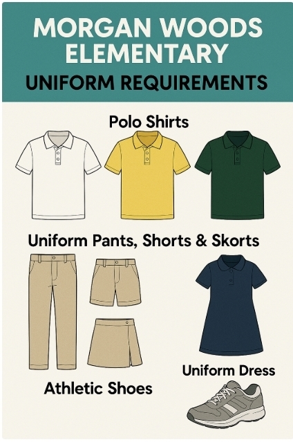 Uniform flyer with shirts in white, yellow and dark green. Khaki bottoms and athletic shoes.