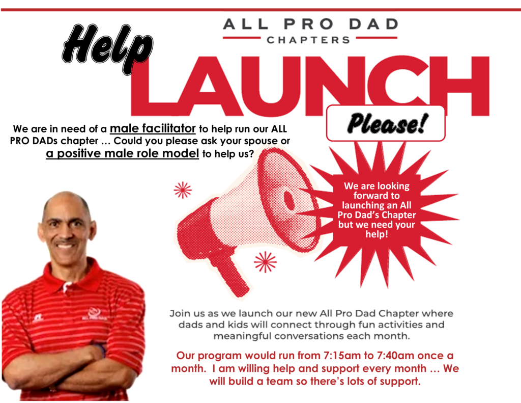 All Pro Dads Flyer ... Tony Dungy in red All Pro Dads polo shirt and a blow horn with red 3 stars 