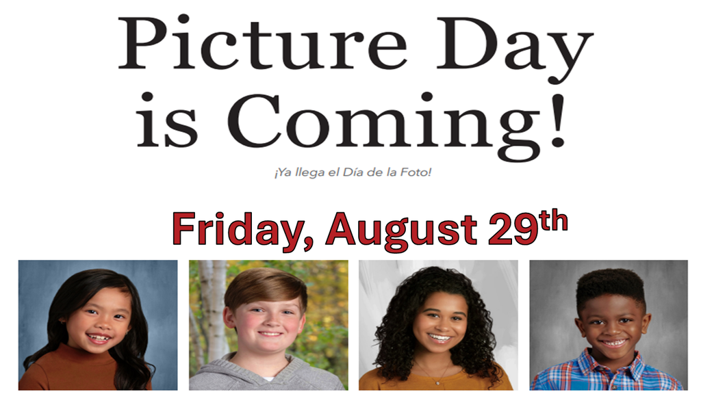 Picture Day is coming on Friday, August 29th  four students smiling ready to take their picture. 