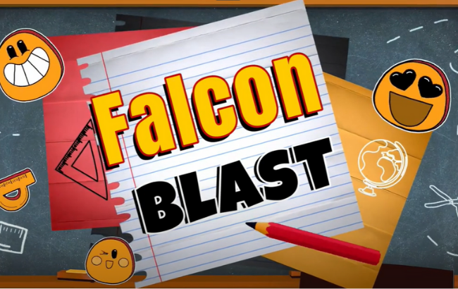 A colorful school-themed graphic with “Falcon BLAST” written on notebook paper, surrounded by school supplies and smiley face emojis.
