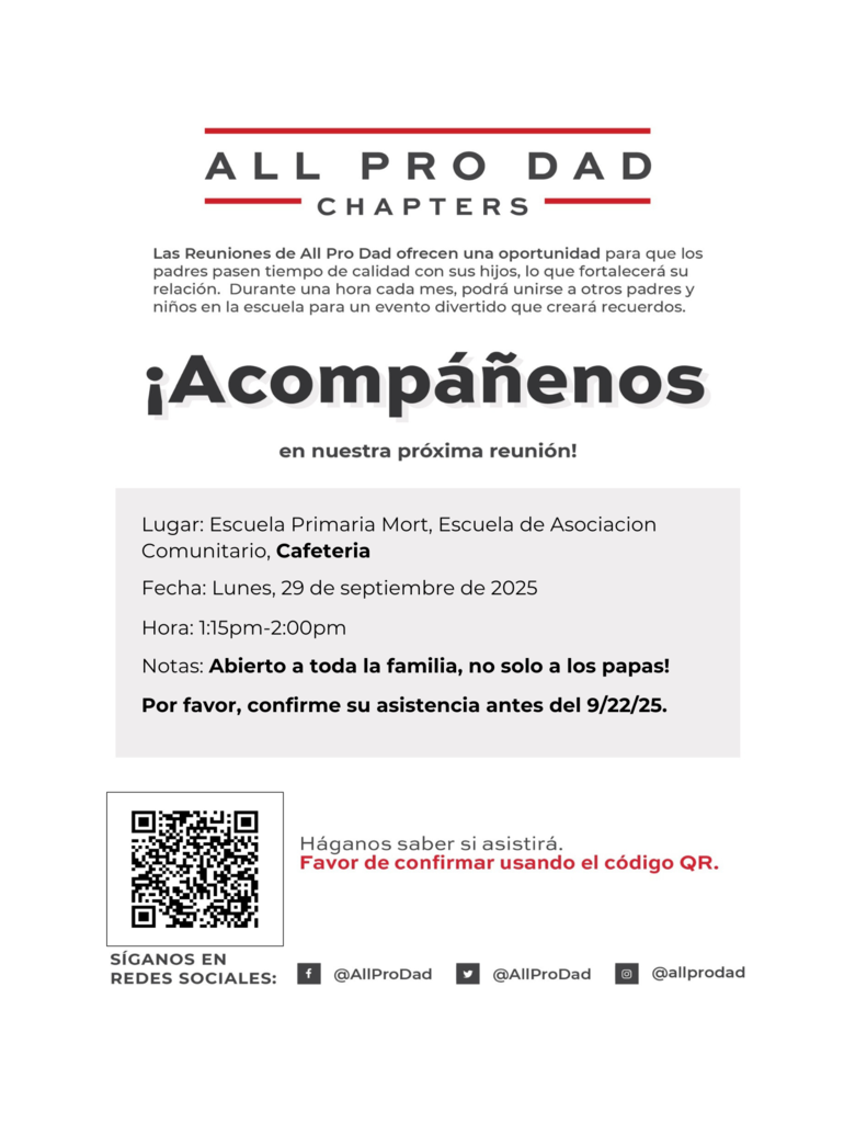 All Pro Family Meeting in the Cafeteria, Monday September 29th 1:15pm-2pm RSVP with QR Code 