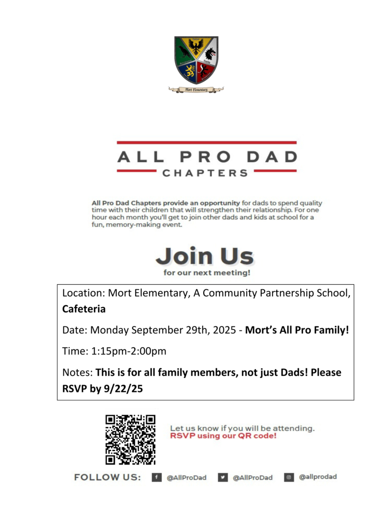 All Pro Family Meeting in the Cafeteria, Monday September 29th 1:15pm-2pm RSVP with QR Code 