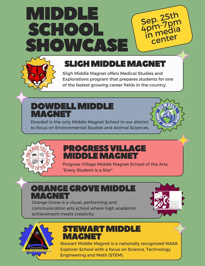 Middle School Showcase flyer with the schools listed who will be represented: Sligh, Dowdell, Progress Village, Orange Grove, and Stewart