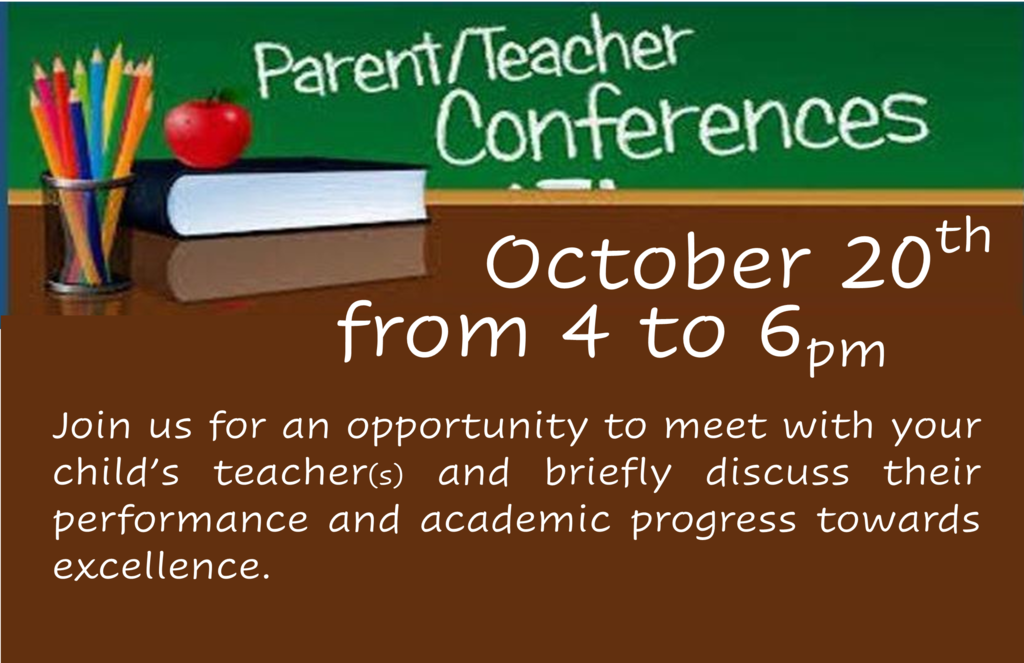 brown desk, red apple on top of a black book, chalkboard with white writing saying Parent Teacher Conference