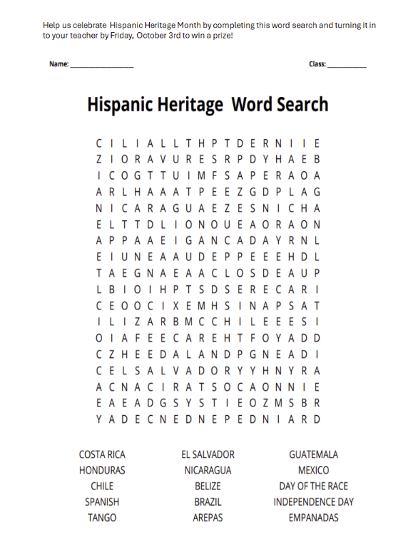 Hispanic Heritage Month Word Search