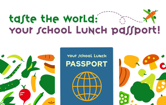 fruits and veggies background with a passport in the middle