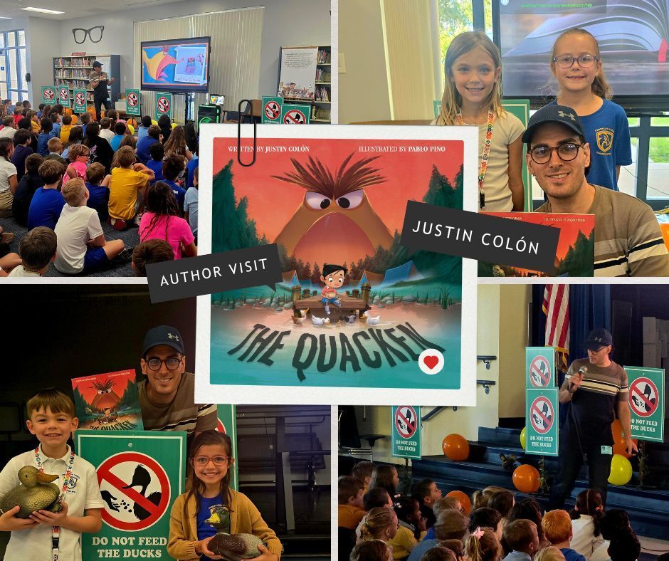 Author Justin Colón with students and presenting in front of the students. A copy of his book, The Quacken.