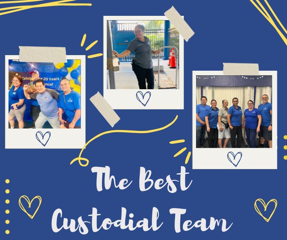 Pictures of the custodial team with a blue background and yellow adornments.