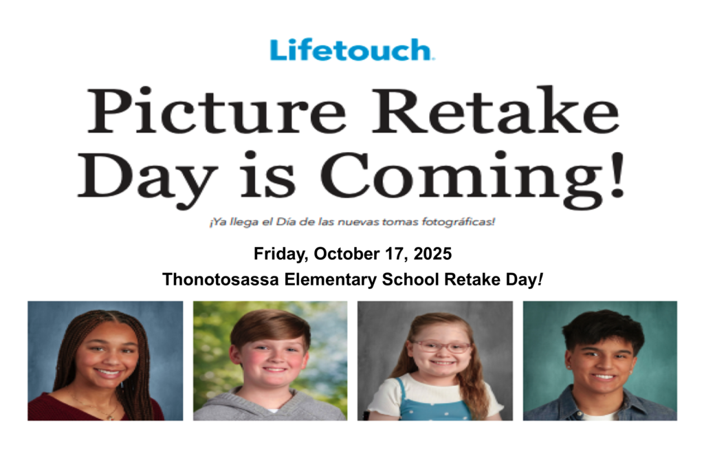 4 kids or people smiling, words saying Picture retake day is coming