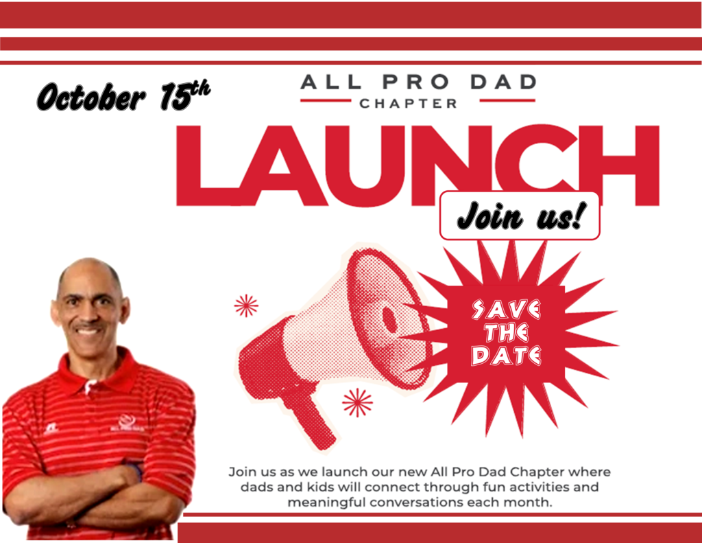 All Pro Dads flyer with red stripes, red sunburst, red bullhorn