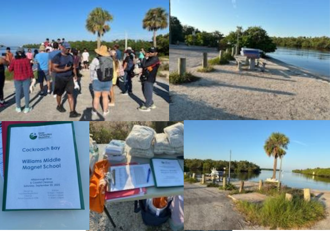people standing and walking around in front of palm trees; sandy doc with wooden posts on the left and a river on the right with bushes on both sides of the river; green folder with white coversheet; white table with sandbags, sign up sheet, and folder on top; ;looking out over the water, dock, palm tree; wooden posts, and bushes