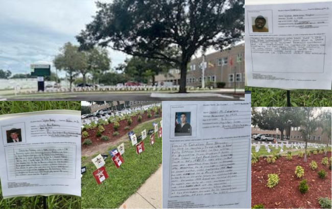 hundreds of small red, white, and blue signs with stars stuck into the ground all around the Williams campus; 3 signs with information about individuals who lost their lives during the 9/11 horrific event