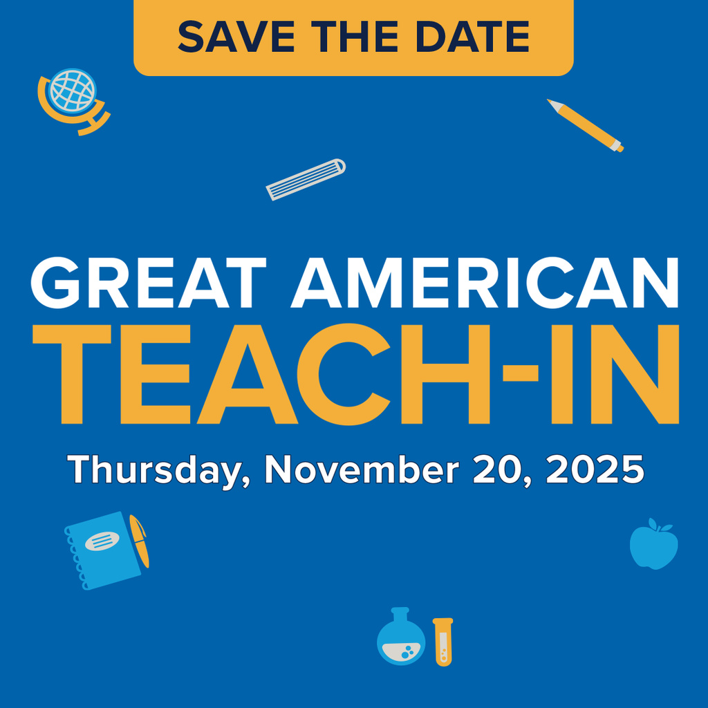 Great American Teach-In logo with blue background and yellow and white wording.