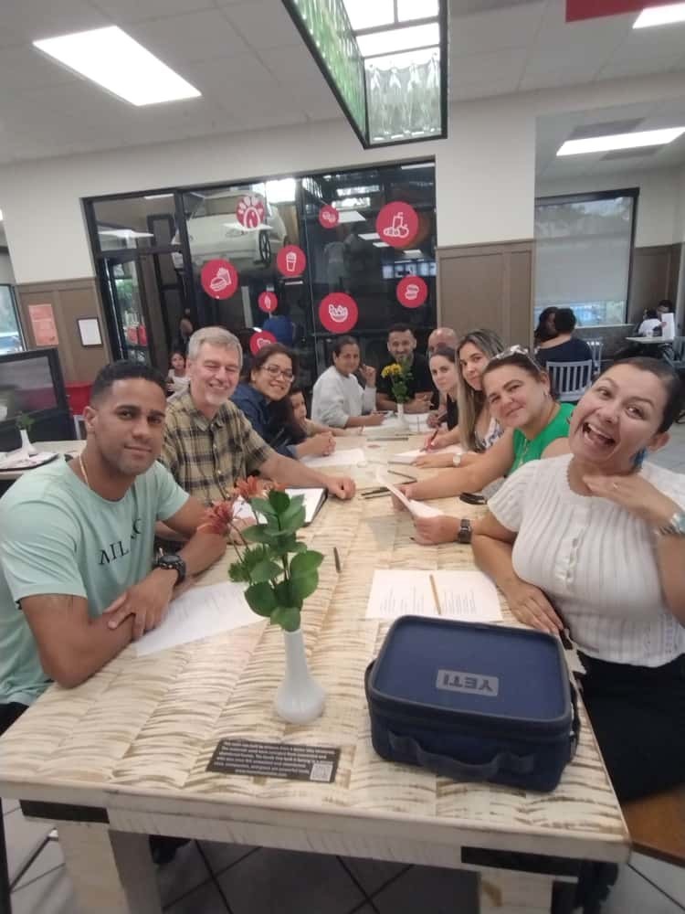 Mr. Inke's class at a table at Chick-fi-a