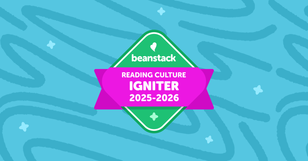The image is a digital badge designed with vibrant colors and a celebratory theme. Here's a detailed description for the visually impaired: Shape & Layout: The badge is diamond-shaped with rounded edges. Background: It sits on a blue backdrop featuring abstract wavy lines and small star-like shapes, giving it a dynamic and festive feel. Main Colors: The badge itself has a green background. Text Elements: At the top, in white text, it says "beanstack". Below that, a pink ribbon stretches across the badge with white text that reads "READING CULTURE IGNITER 2025–2026".