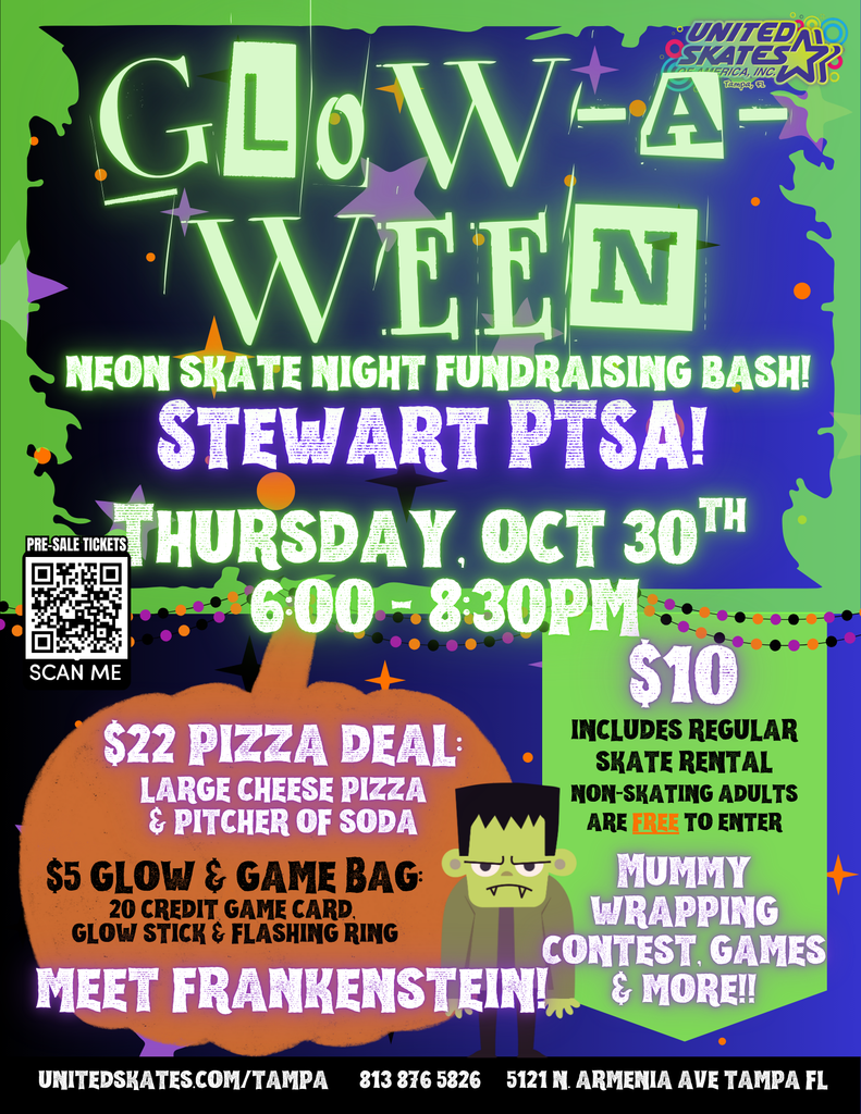 Glow-A-Ween Stewart Skate Party, Thursday, Oct 30th ... United Skates on Armenia Ave, in Tampa.