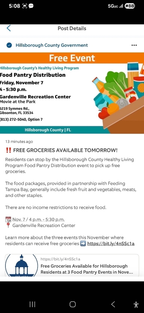 Free Free Grocery for Families- Gardenville Recreation Center, 5219 Symmes Road, Gibsonton FL, Friday, November 7, 4-5:30 pm.