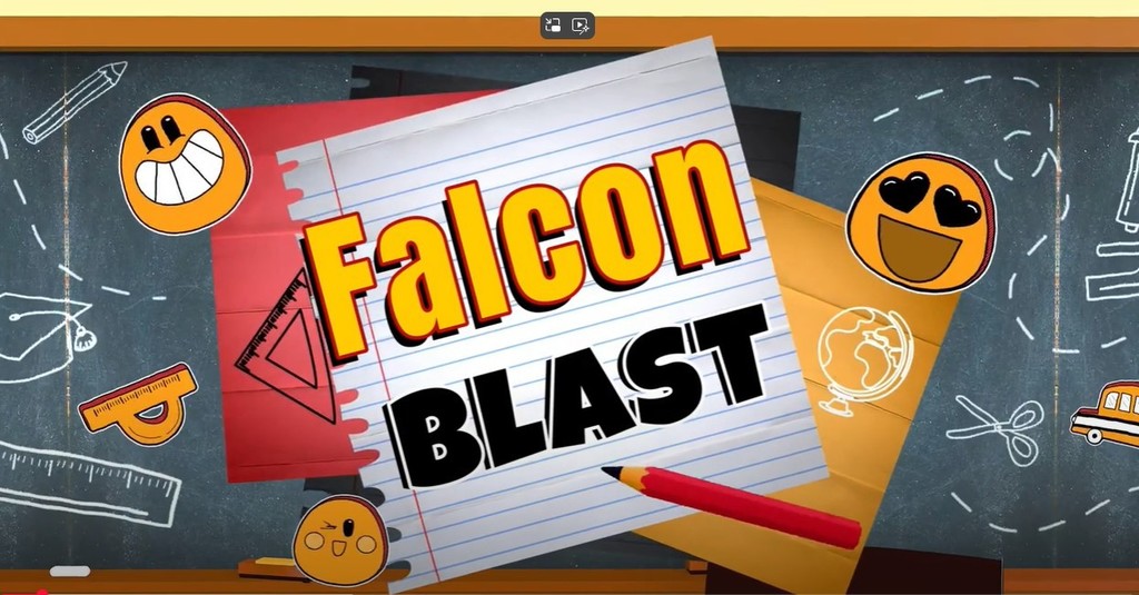 Falcon Blast video image of piece of paper with the words "Falcon Blast" a pencil and smiley faces surrounding